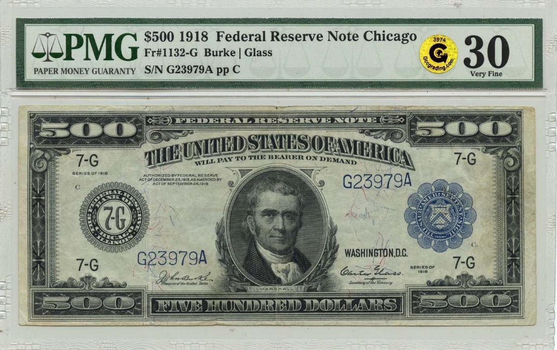 1918 $500 Federal Reserve Note Chicago PMG VF30 Certified: 1918 $500 Federal Reserve Note Chicago PMG VF30 Certified This 1918 $500 Federal Reserve Note from Chicago is a remarkable piece of currency with a certification from PMG, graded as VF30. It has been 
