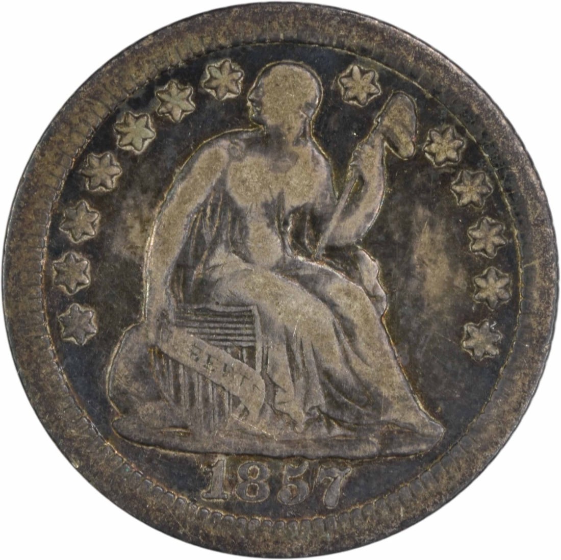 1857-O Liberty Seated Half Dime 90% Silver Uncertified Coin: 1857-O Liberty Seated Half Dime 90% Silver Uncertified Coin This 1857-O Liberty Seated Silver Half Dime showcases a rich history and craftsmanship, featuring a design by renowned engraver Christian Go