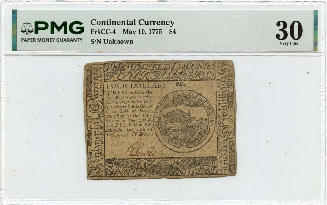 Continental Currency Four Dollar 1775 May 10 PMG VF30 United States Note (1 of 2)