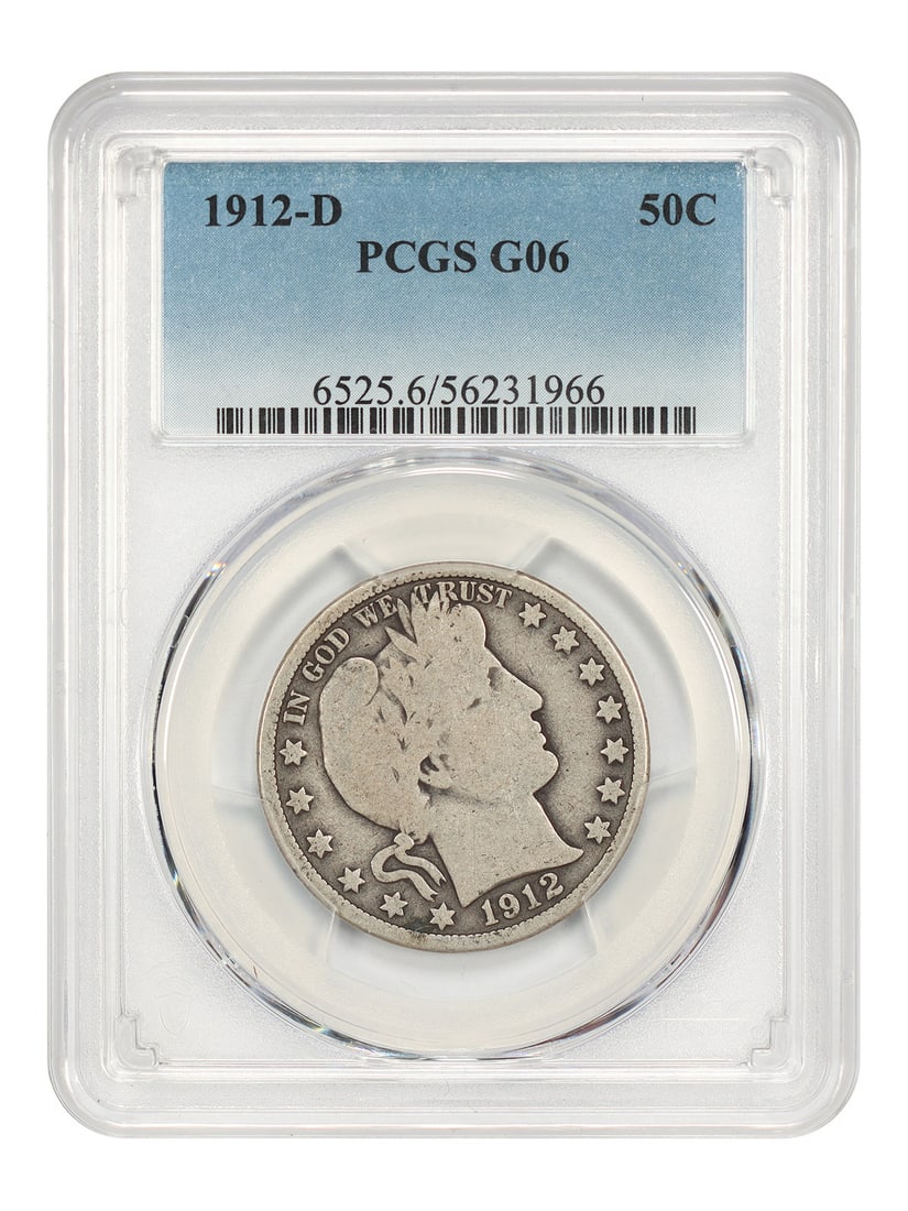 1912-D Barber Half Dollar PCGS Good 06: 1912-D Barber Half Dollar PCGS Good 06 This is a 1912-D Barber Half Dollar with a denomination of 50 cents, certified by PCGS and minted in Denver. The coin is in pre-owned condition. Specifications D