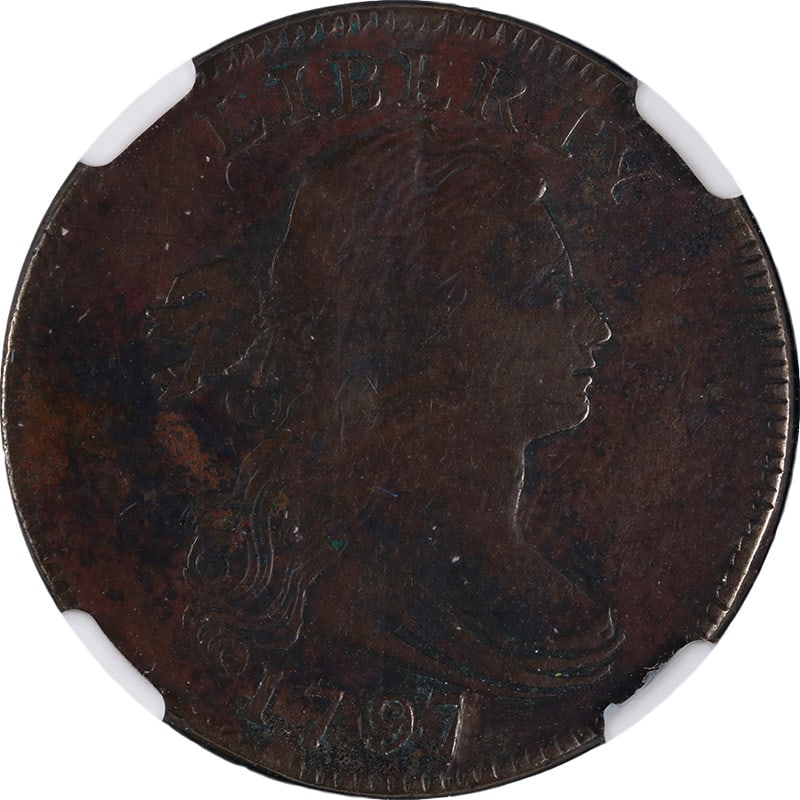 1797 Large Cent Plain Edge Rev of '95 NGC Fine Details S.120a R.3: 1797 Large Cent Plain Edge Rev of '95 NGC Fine Details S.120a R.3 This 1797 Large Cent features a Plain Edge design and is graded as NGC Fine Details. It showcases nice eye appeal with good color and 