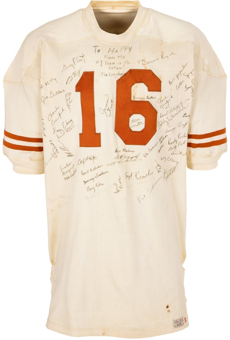 Texas Longhorns 1969 team signed game issued jersey PSA DNA: Texas Longhorns 1969 team signed game issued jersey PSA DNA This is a game-issued No. 16 jersey from the 1969 Texas Longhorns football team, commemorating their NCAA National Championship season. The 