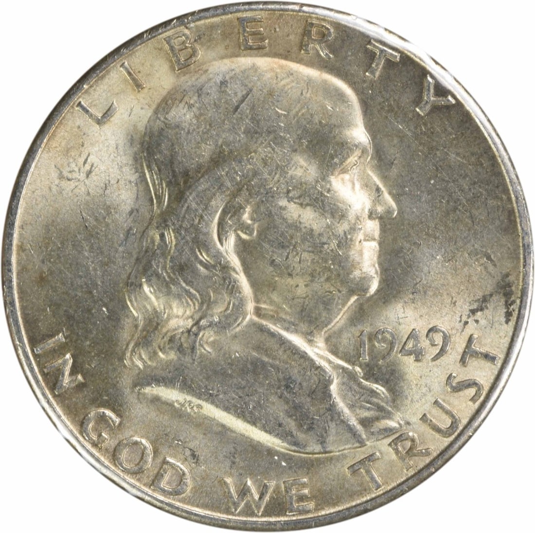 1949-S Franklin Silver Half Dollar AU Uncertified 50C Coin: 1949-S Franklin Silver Half Dollar AU Uncertified 50C Coin This 1949-S/S Franklin Silver Half Dollar is an uncirculated coin with an AU grade. Minted in San Francisco, this coin features a 90% silver 