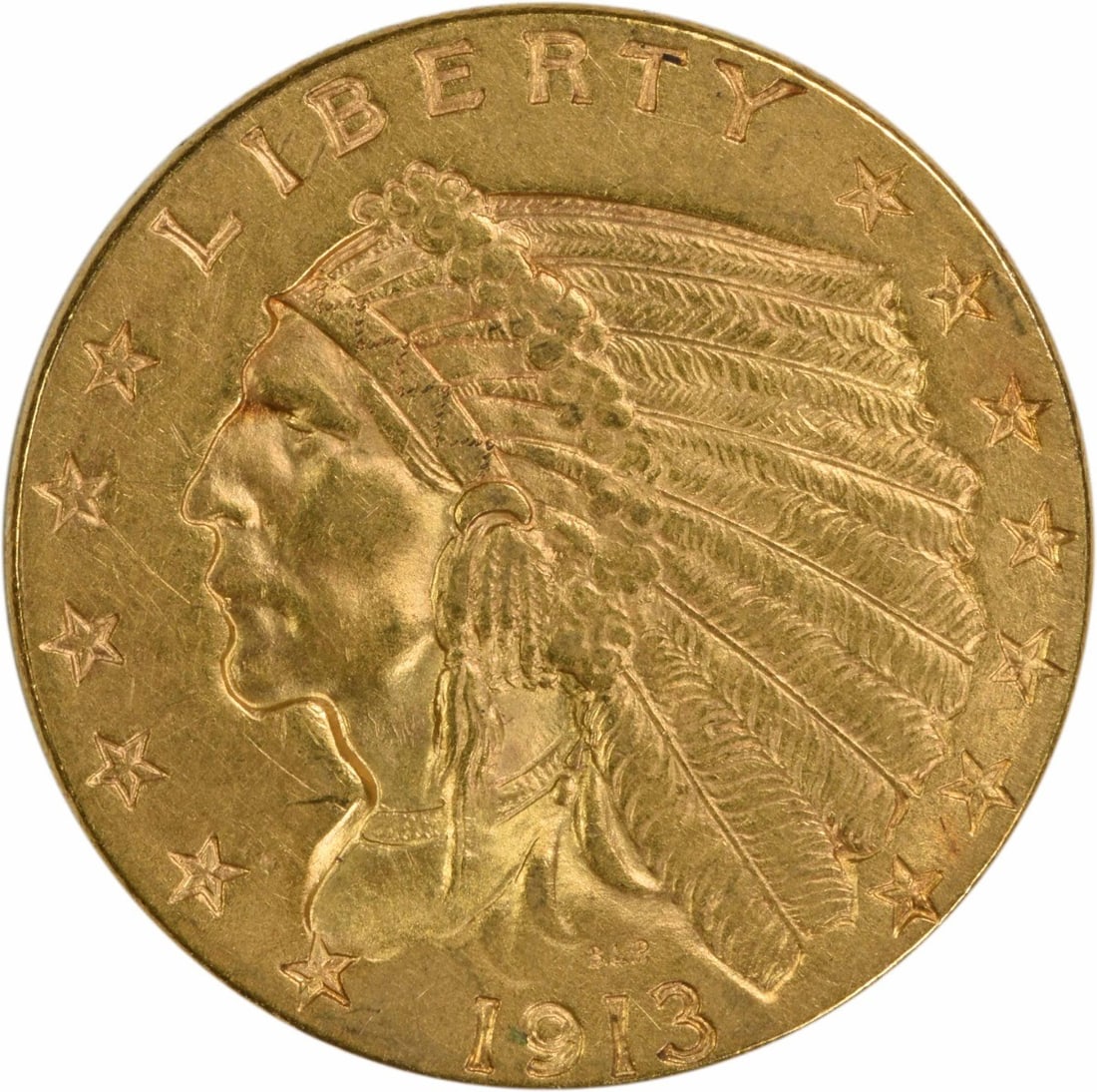 1913 $2.50 Gold Indian Coin AU Uncertified Philadelphia Mint: 1913 $2.50 Gold Indian Coin AU Uncertified Philadelphia Mint This 1913 $2.50 Gold Indian coin features a striking design by Bela Lyon Pratt and is a notable piece for collectors. This circulated coin 