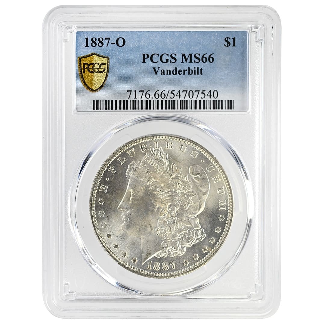 PCGS MS66 1887-O Morgan Silver Dollar: PCGS MS66 1887-O Morgan Silver Dollar This is an 1887-O Morgan Dollar, graded MS66 by PCGS. Struck in New Orleans, this uncirculated silver coin is a classic addition for collectors of U.S. coinage. T