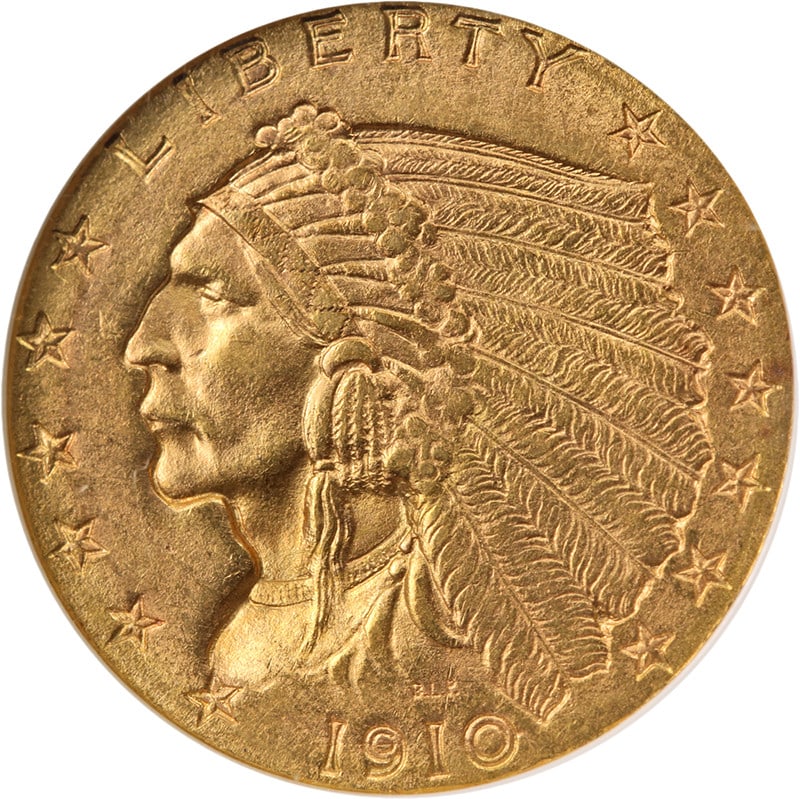1910 $2.50 Indian Gold Coin NGC MS63 CAC Sticker: 1910 $2.50 Indian Gold Coin NGC MS63 CAC Sticker This original 1910 Indian Gold $2.50 coin is graded MS63 by NGC and features a CAC sticker, indicating quality within its grade. The coin is composed o