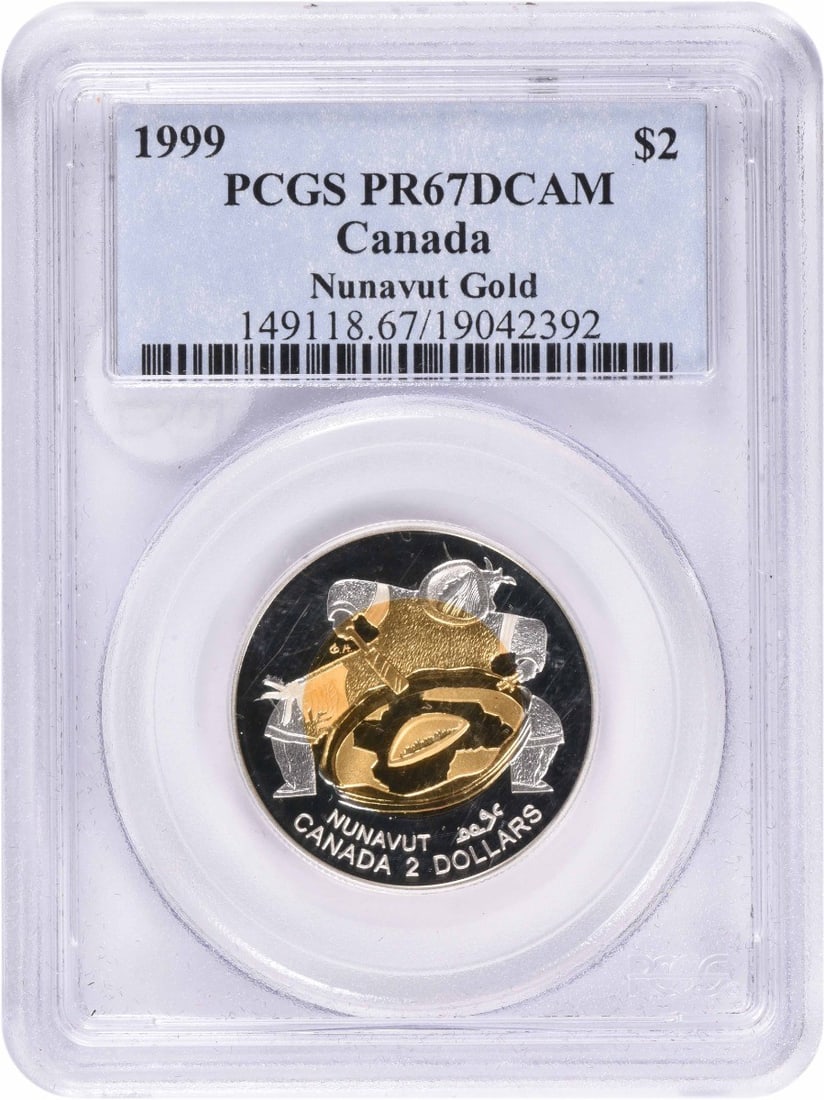 Canada 1999 Nunavut $2 Gold Coin PCGS PR67DCAM: Canada 1999 Nunavut $2 Gold Coin PCGS PR67DCAM This is a 1999 $2 Canada Nunavut gold coin graded PR67DCAM by PCGS. The coin is uncirculated and comes certified by PCGS. It is a pre-owned collectible f