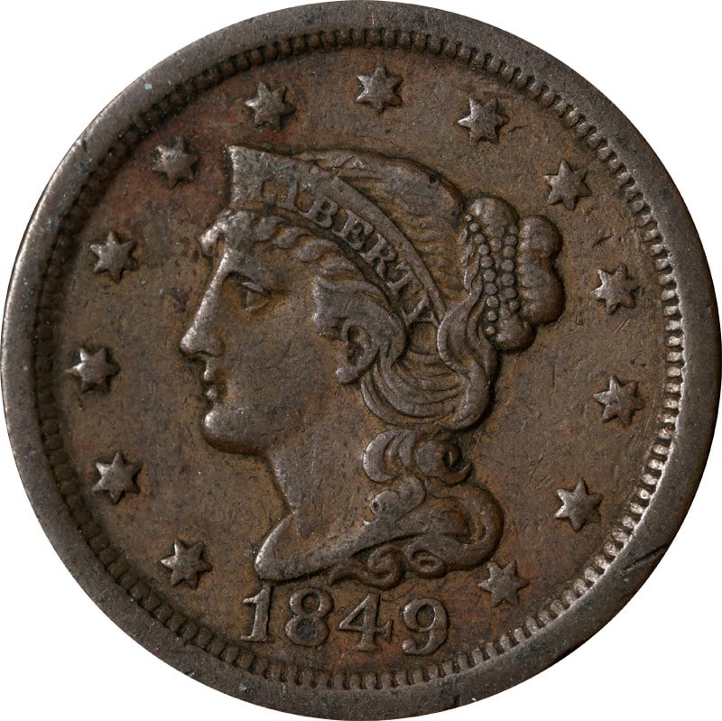 1849 Copper Large Cent United States: 1849 Copper Large Cent United States This 1849 Large Cent from the United States is composed of copper and is a circulated coin. It is an uncertified, pre-owned piece, offering collectors a historical