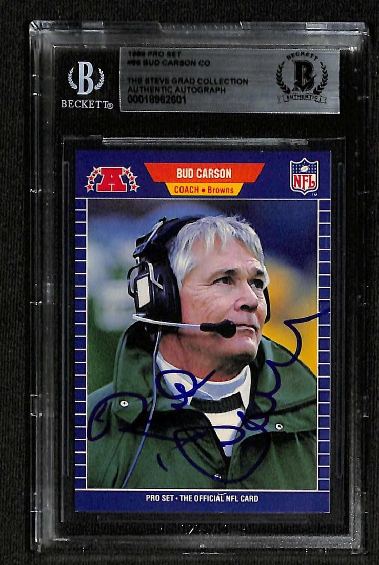 Beckett Authenticated Bud Carson 1989 Pro Set Browns Signed Card: Beckett Authenticated Bud Carson 1989 Pro Set Browns Signed Card This is a signed 1989 Pro Set football trading card featuring Cleveland Browns head coach Bud Carson. The card is hand-signed by Bud Ca