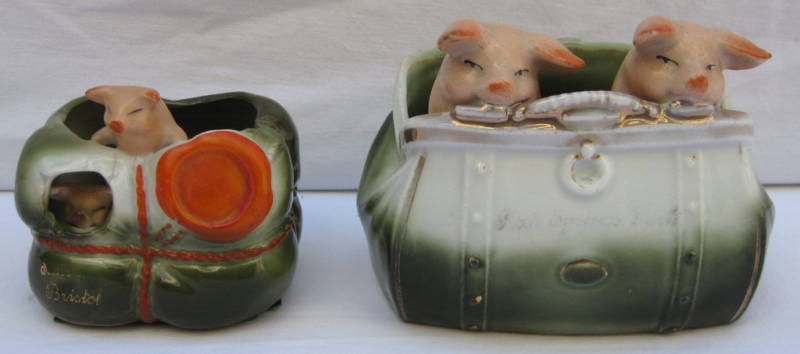 Vintage German Hand Painted Porcelain Pig Figurines Pair: Vintage German Hand Painted Porcelain Pig Figurines Pair This charming pair of German hand-painted porcelain pig figurines dates back to circa 1950. Each piece is marked "MADE IN GERMANY" underneath, 