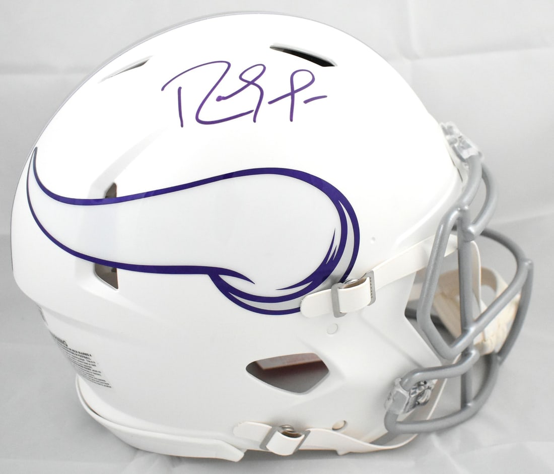 Minnesota Vikings Randy Moss signed full size authentic helmet Beckett holo: Minnesota Vikings Randy Moss signed full size authentic helmet Beckett holo This is a pre-owned Minnesota Vikings full-size alternate Speed Authentic helmet autographed by Randy Moss. The helmet is an