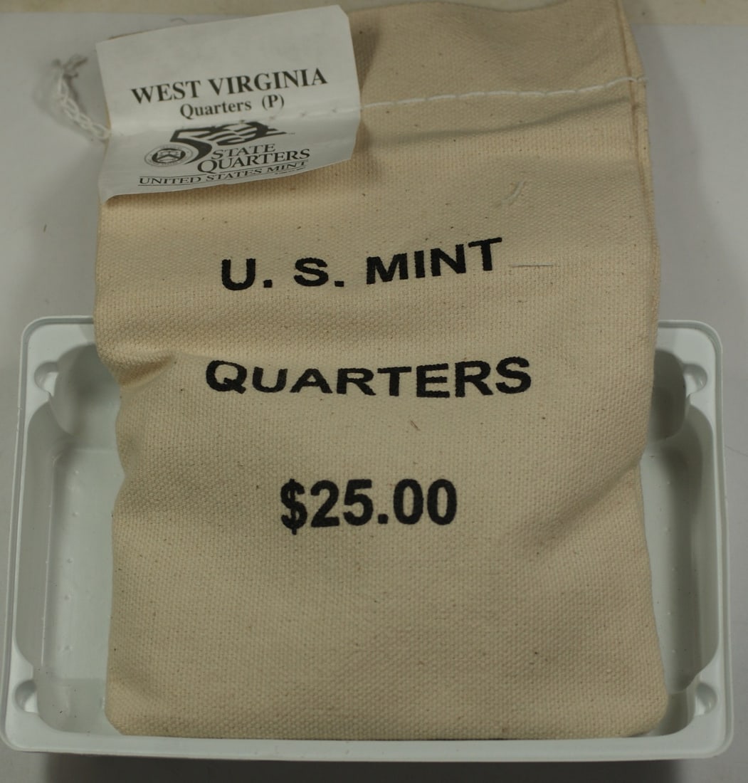 100-Coin Bag of 2005-P West Virginia Quarters in Mint Original Packaging: 100-Coin Bag of 2005-P West Virginia Quarters in Mint Original Packaging This is a $25 face value bag containing 100 uncirculated 2005-P West Virginia State Quarters from the United States Mint at Phi
