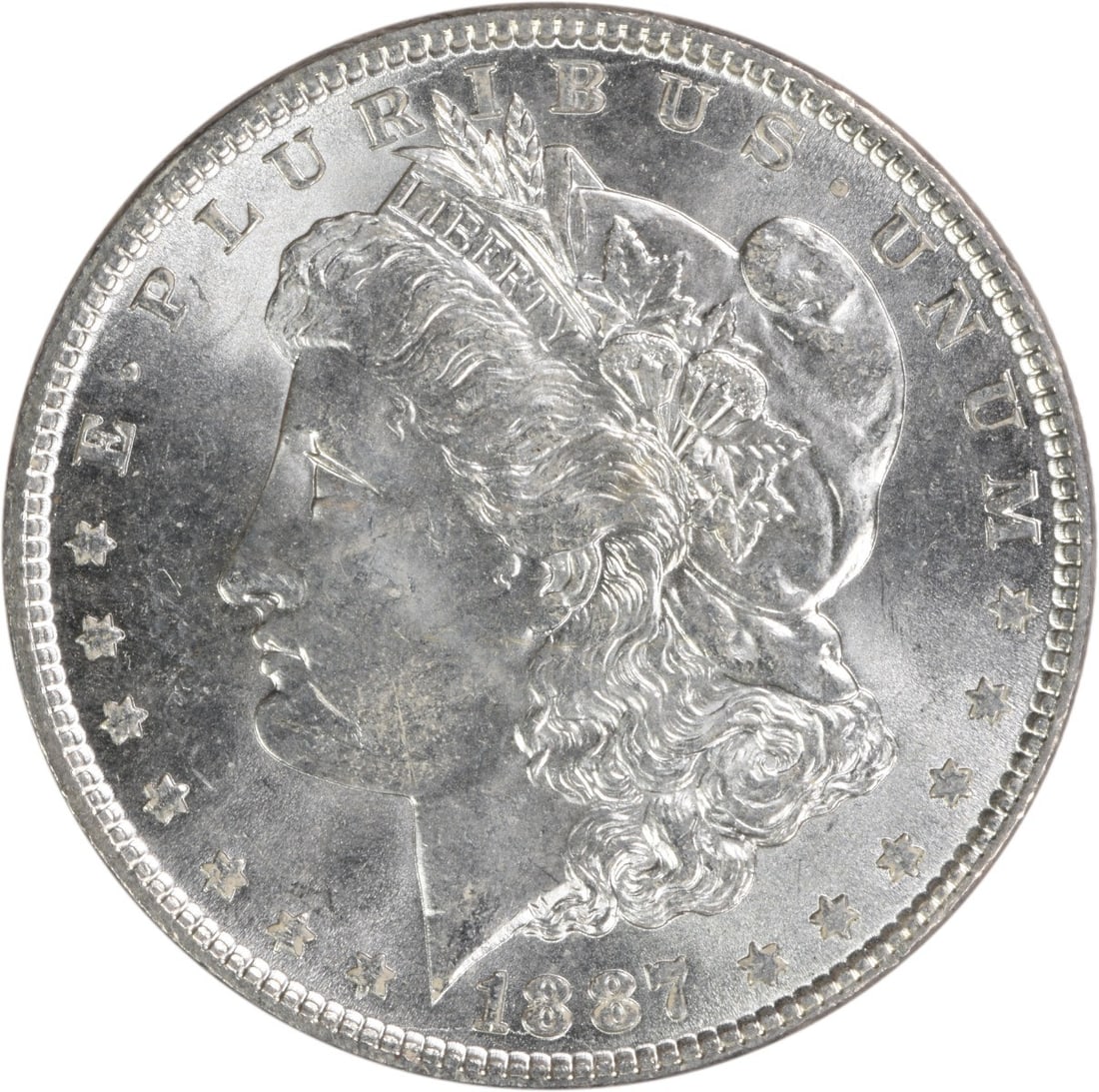 Uncirculated 1887 Morgan Dollar Silver Choice BU No Mint Mark Uncertified: Uncirculated 1887 Morgan Dollar Silver Choice BU No Mint Mark Uncertified This 1887 Morgan Silver Dollar is a Choice Brilliant Uncirculated (BU) coin. It is uncertified and has no mint mark, indicatin