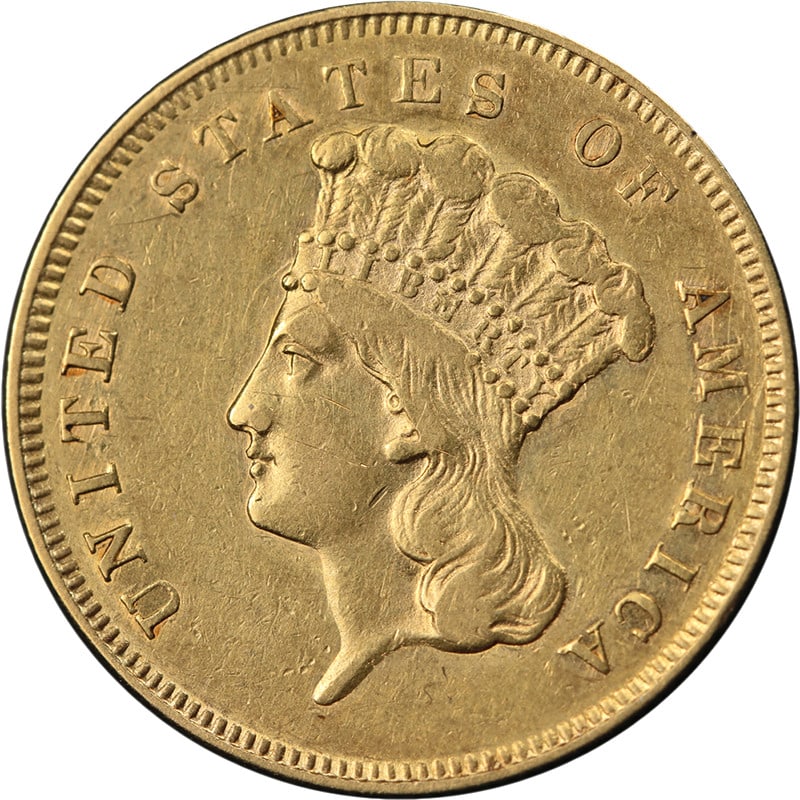 1857 P Indian Princess $3 Gold Coin Nice AU: 1857 P Indian Princess $3 Gold Coin Nice AU This 1857-P Indian Princess Gold $3 coin features attractive eye appeal, strong luster, and a well-defined strike. The coin displays nice color and surfaces