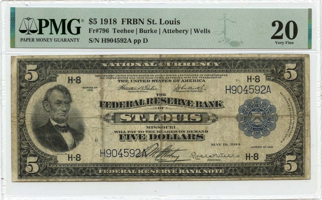1918 $5 St. Louis Federal Reserve Note PMG VF20 FR#796: 1918 $5 St. Louis Federal Reserve Note PMG VF20 FR#796 This 1918 $5 Federal Reserve Bank Note from St. Louis is graded VF20 by PMG, indicating it is in Very Fine condition with moderate wear consisten