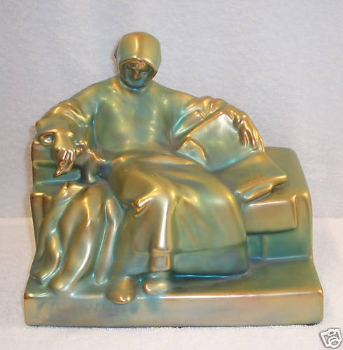 Rare Zsolnay Art Deco Philosopher Statue Signed Circa 1930s Porcelain: Rare Zsolnay Art Deco Philosopher Statue Signed Circa 1930s Porcelain Discover a stunning original Art Deco statue from the renowned Zsolnay brand, dating back to the 1930s. This exquisite piece depic