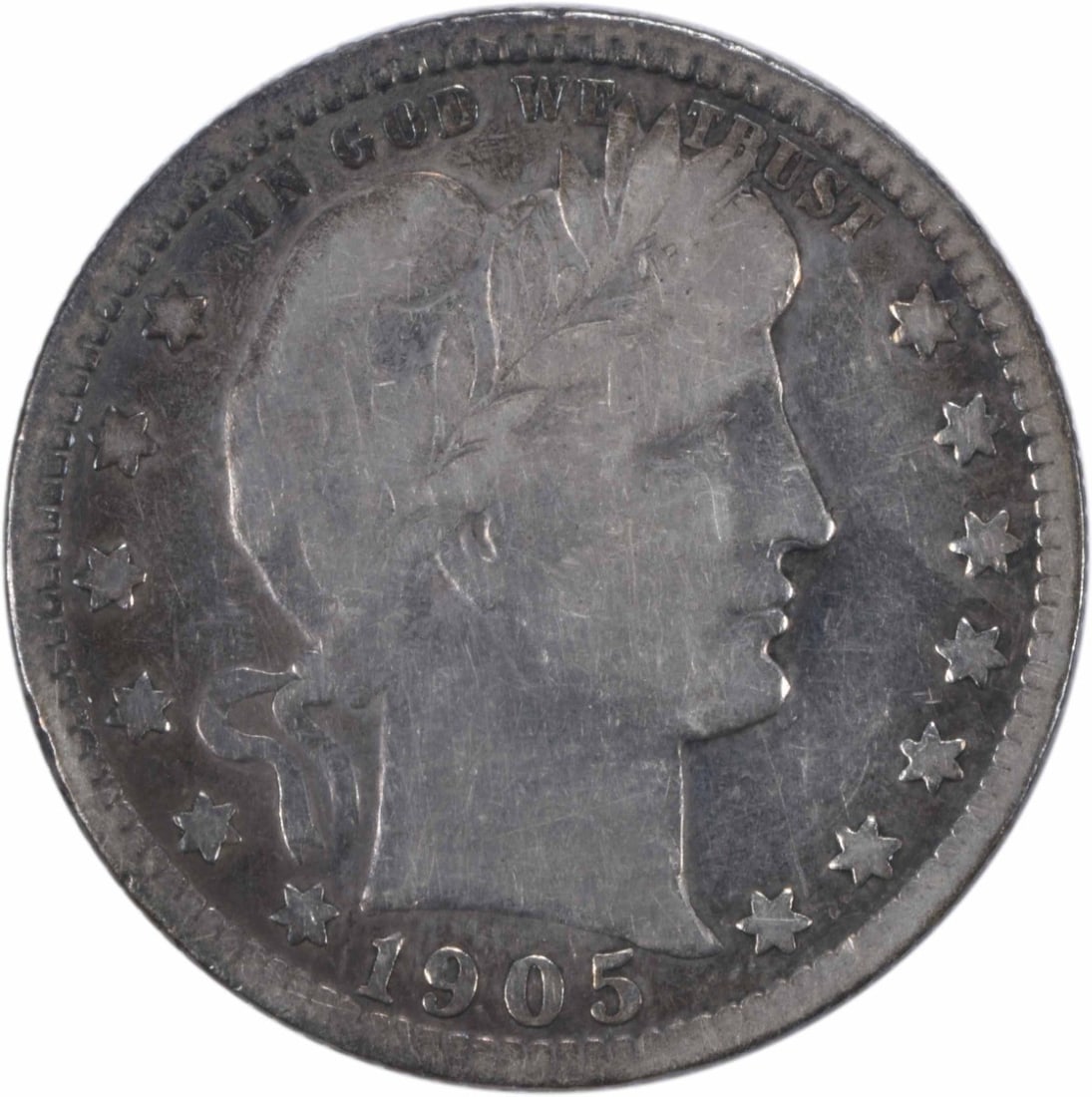 1905 San Francisco Barber Quarter 90 Percent Silver Circulated VG Uncertified: 1905 San Francisco Barber Quarter 90 Percent Silver Circulated VG Uncertified This 1905-S Barber Silver Quarter from the San Francisco Mint is a circulated coin graded as Choice VG (Very Good). Compos