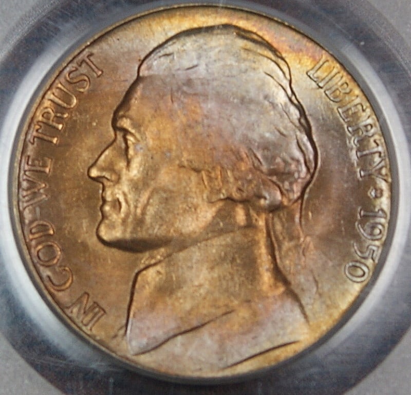 PCGS MS-65 1950-D Jefferson Nickel Toned: PCGS MS-65 1950-D Jefferson Nickel Toned This is a 1950-D Jefferson Nickel coin graded MS-65 by PCGS. The coin is uncirculated, features attractive toning, and is composed of copper-nickel. It was min