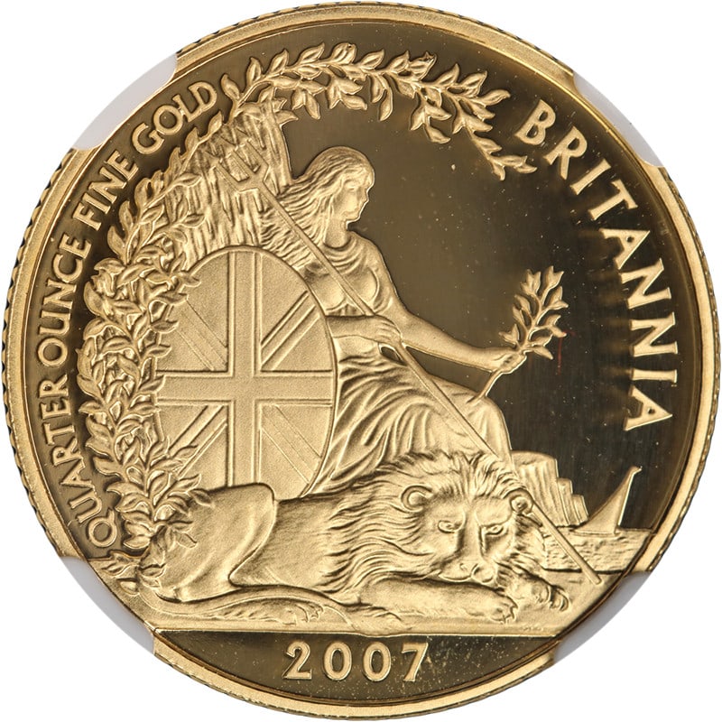 NGC PF69 Ultra Cameo 2007 Great Britain 1 4 oz Gold 25 Pound Britannia: NGC PF69 Ultra Cameo 2007 Great Britain 1 4 oz Gold 25 Pound Britannia This is an original 2007 Great Britain 1/4 oz Gold 25 Pound Seated Britannia coin, graded NGC PF69 Ultra Cameo. Struck in 22-kara