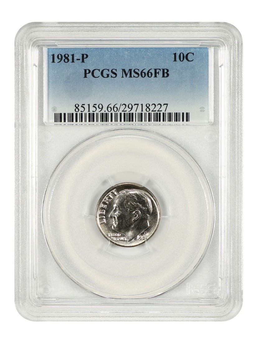 PCGS MS66FB 1981 Philadelphia Roosevelt Dime 10C: PCGS MS66FB 1981 Philadelphia Roosevelt Dime 10C This 1981-P Roosevelt Dime is graded MS66FB by PCGS. It is an uncirculated coin struck at the Philadelphia Mint and features the Full Bands designation