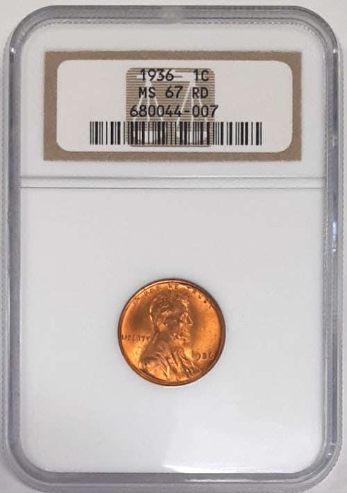 NGC MS-67 Red 1936 Lincoln Wheat Cent Bronze Uncirculated: NGC MS-67 Red 1936 Lincoln Wheat Cent Bronze Uncirculated This is a 1936 Lincoln Wheat Cent, graded MS-67 Red by NGC. Struck in bronze at the Philadelphia Mint, this uncirculated coin is a high-grade 