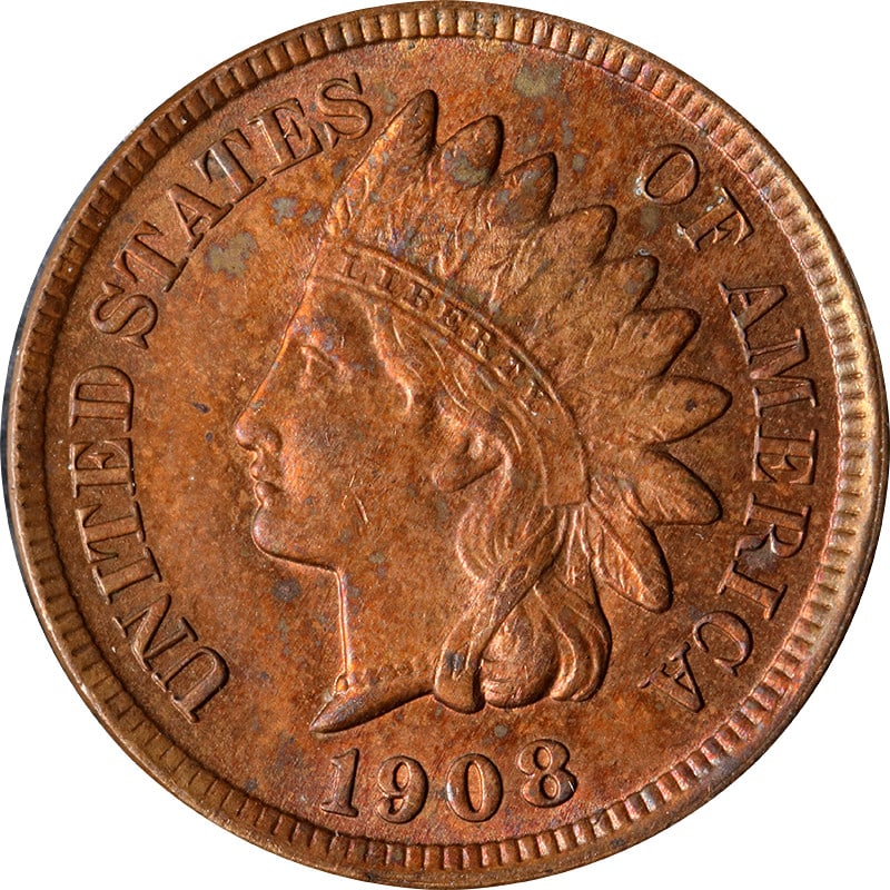 Copper Indian Head Cent from 1908 United States Circulated: Copper Indian Head Cent from 1908 United States Circulated This is a 1908 Indian Cent from the United States, composed of copper. The coin is circulated and uncertified, making it an appealing choice 
