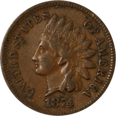 1874 Copper Indian Head Cent: 1874 Copper Indian Head Cent This is an 1874 Indian Cent, a pre-owned United States one-cent coin featuring the classic Indian Head design. The obverse depicts a profile of a Native American woman wea