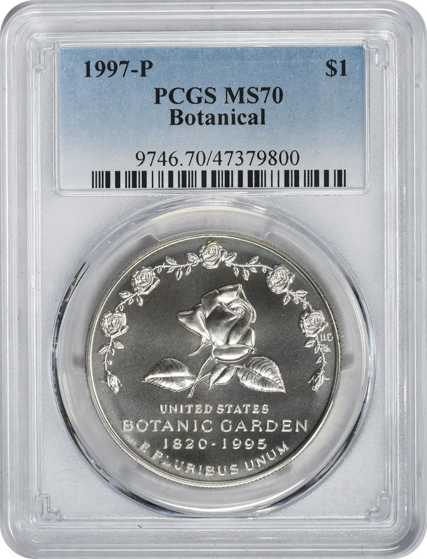 PCGS MS70 1997 P Botanical Commemorative Silver Dollar: PCGS MS70 1997 P Botanical Commemorative Silver Dollar This 1997-P Botanical Commemorative Silver Dollar is a United States coin minted in Philadelphia to honor the nation's botanical heritage. Compos