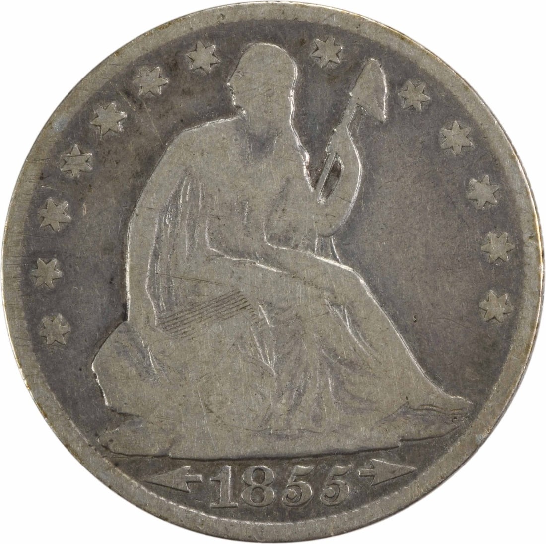 1855-O Liberty Seated Half Dollar 90% Silver Uncertified VG: 1855-O Liberty Seated Half Dollar 90% Silver Uncertified VG This 1855-O Liberty Seated Half Dollar features the classic design by Thomas Sully and Christian Gobrecht. Struck at the New Orleans Mint, t