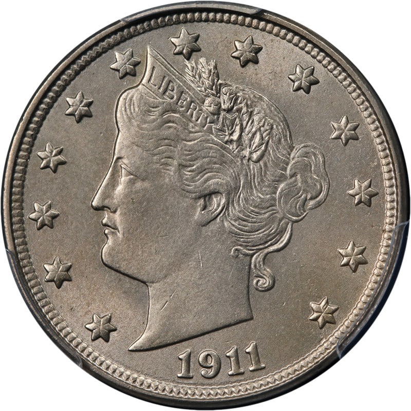 PCGS MS64 1911 Liberty V Nickel: PCGS MS64 1911 Liberty V Nickel This 1911 Liberty V Nickel is graded MS64 by PCGS, indicating it is in uncirculated condition with attractive luster, strong strike, and appealing surfaces. The coin fe