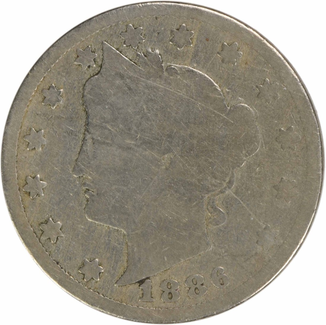 1886 United States Liberty Nickel 5 Cent Coin Good Grade Uncertified: 1886 United States Liberty Nickel 5 Cent Coin Good Grade Uncertified This is an 1886 Liberty Nickel from the United States, designed by Charles E. Barber. The coin is circulated, uncertified, and feat