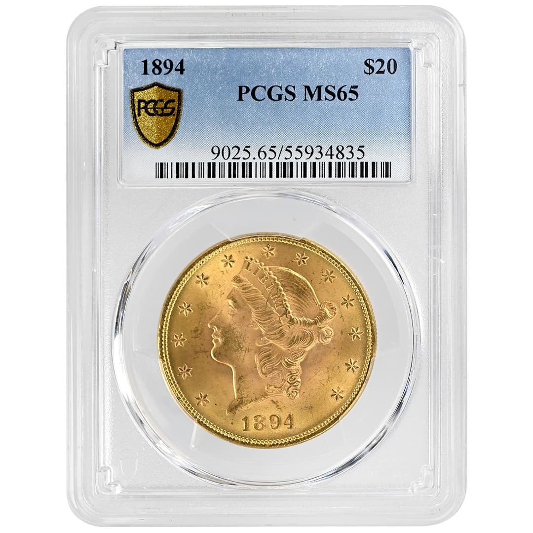 PCGS MS65 1894 Liberty Head $20 Gold Coin: PCGS MS65 1894 Liberty Head $20 Gold Coin This 1894 $20 Liberty Head gold coin is certified by PCGS with a grade of MS65. It was minted in Philadelphia and is classified as Type 3 with Motto. The coin