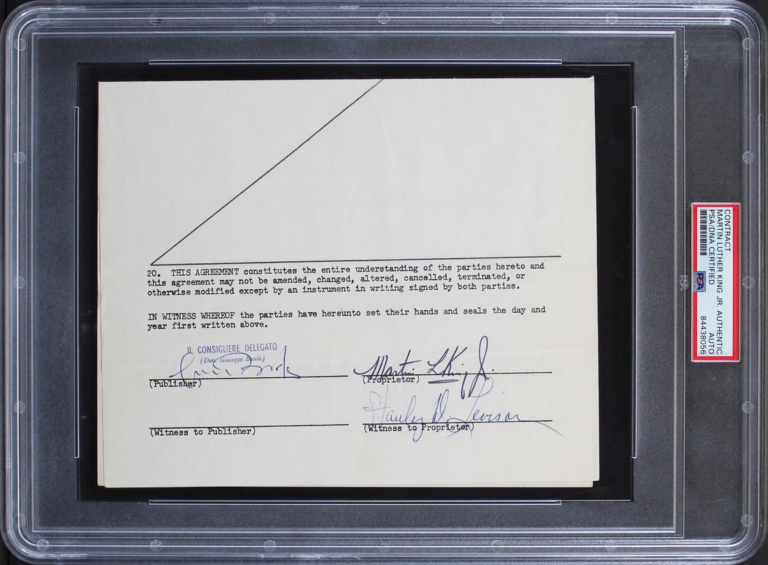 Signed 7x8.5 Contract Excerpt for Why We Can't Wait Authenticated by PSA/DNA: Signed 7x8.5 Contract Excerpt for Why We Can't Wait Authenticated by PSA/DNA This is an original 7 x 8.5 inch excerpt from the Italian publishing rights contract for Martin Luther King Jr.'s book "Why