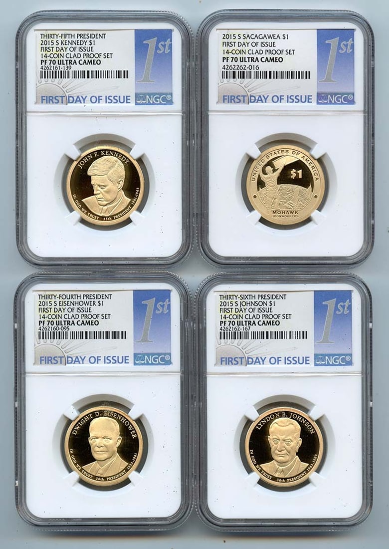 2015 S Clad Proof Set NGC PR70DCAM 14 Coins: 2015 S Clad Proof Set NGC PR70DCAM 14 Coins This 2015 S First Day 14-Coin Clad Proof Set is certified by NGC with a perfect grade of PR70DCAM, indicating its exceptional quality and detail. The set in
