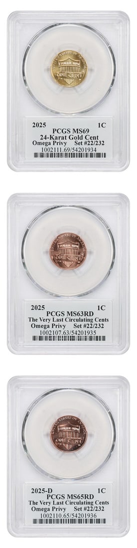 2025 Omega Lincoln Cent trio 24K gold PCGS CAC COA #22 of 232: 2025 Omega Lincoln Cent trio 24K gold PCGS CAC COA #22 of 232 This limited edition set features the final cents struck by the United States Mint in a circulating finish, each bearing a distinctive Ome