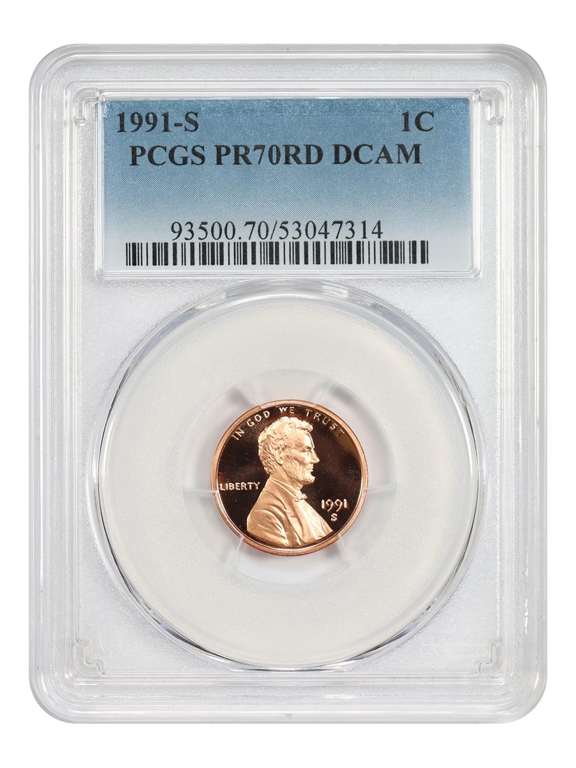 PCGS PR70RD DCAM Lincoln Cent 1991-S San Francisco Proof Penny: PCGS PR70RD DCAM Lincoln Cent 1991-S San Francisco Proof Penny This 1991-S Lincoln Cent is a modern proof coin graded PR70RD DCAM by PCGS, indicating it is in perfect, uncirculated condition. Struck a