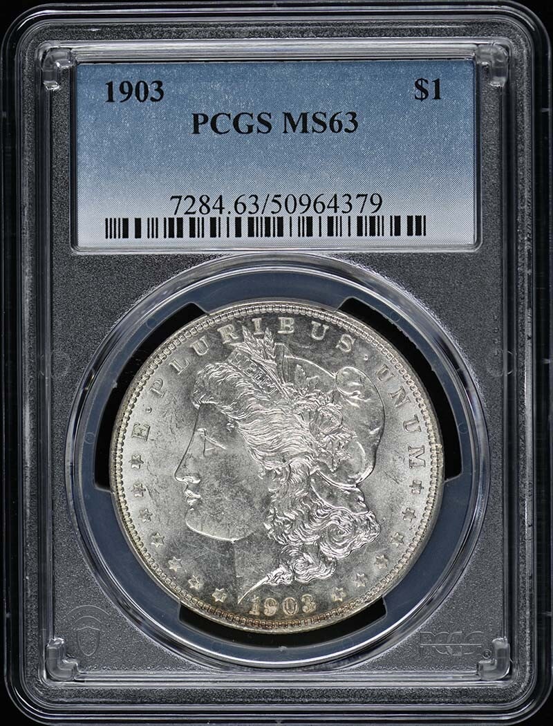 1903 Morgan Dollar Uncirculated PCGS MS63 Philadelphia Mint: 1903 Morgan Dollar Uncirculated PCGS MS63 Philadelphia Mint This 1903 $1 Morgan Dollar is certified by PCGS with a grade of MS63, indicating it is in uncirculated condition. Minted in Philadelphia, th