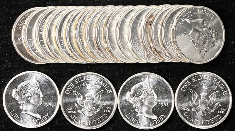 20pc Roll 1983 Liberty Lobby Silver Eagle Rounds 1 Ounce 999 Fine (1 of 3)