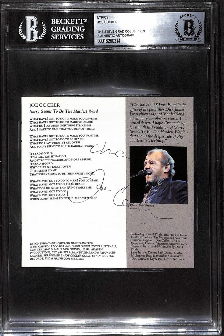 Beckett Certified Joe Cocker Autographed Lyrics CD Cover Slab (1 of 1)