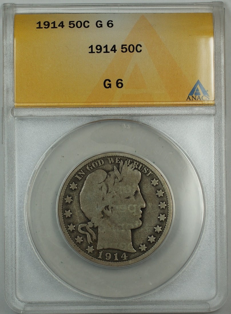 ANACS G-8 1914 Barber silver half dollar: ANACS G-8 1914 Barber silver half dollar This is a 1914 Barber Silver Half Dollar from the United States, graded G 6 by ANACS. The coin is composed of 90% silver and features the classic Barber design