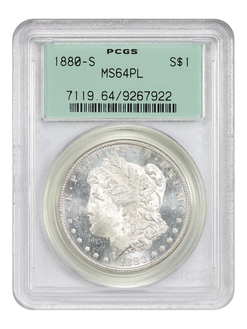 1880-S Morgan Dollar PCGS MS64PL OGH Prooflike: 1880-S Morgan Dollar PCGS MS64PL OGH Prooflike This 1880-S Morgan Dollar is graded MS64PL by PCGS and features prooflike fields that are highly sought after by collectors. Struck in San Francisco, thi
