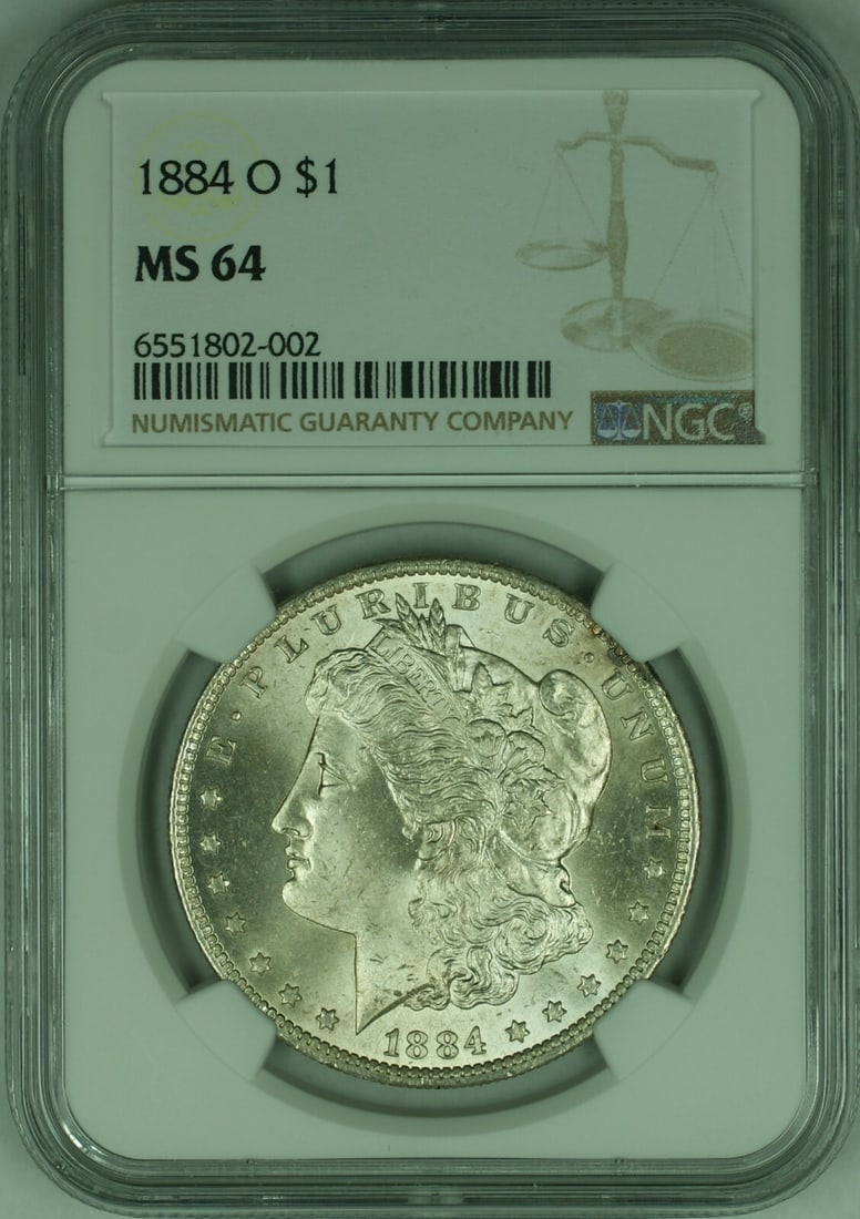 NGC MS-64 1884-O Morgan Silver Dollar Uncirculated Coin: NGC MS-64 1884-O Morgan Silver Dollar Uncirculated Coin This is an 1884-O Morgan Silver Dollar coin, certified by NGC with a grade of MS-64. Minted in New Orleans, this uncirculated coin is composed o