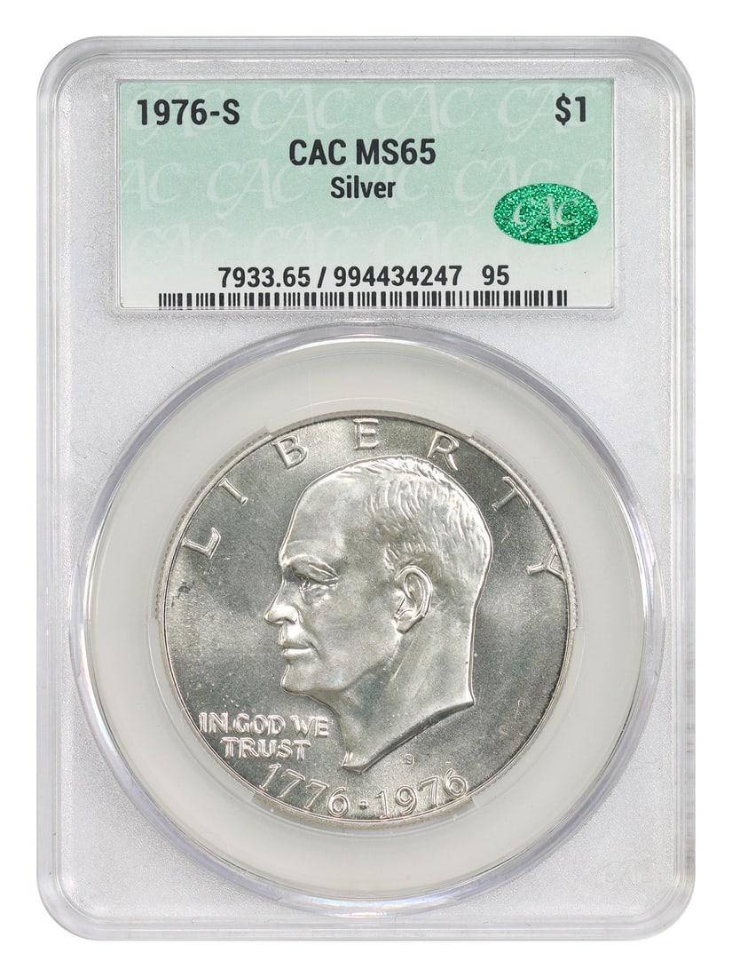 1976 San Francisco Eisenhower Dollar Graded MS65 by CACG: 1976 San Francisco Eisenhower Dollar Graded MS65 by CACG This 1976-S $1 Ike Dollar is a silver coin graded MS65 by CACG. It was minted in San Francisco and remains uncirculated. This collectible dolla