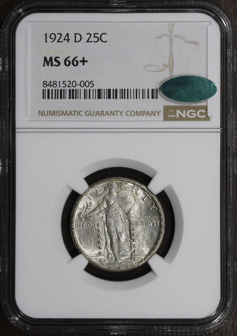 NGC CAC 1924-D Standing Liberty 25C Silver Quarter MS66+: NGC CAC 1924-D Standing Liberty 25C Silver Quarter MS66+ This 1924-D Standing Liberty Quarter is graded MS66+ by NGC and features a CAC endorsement, indicating high quality for its grade. Struck in De