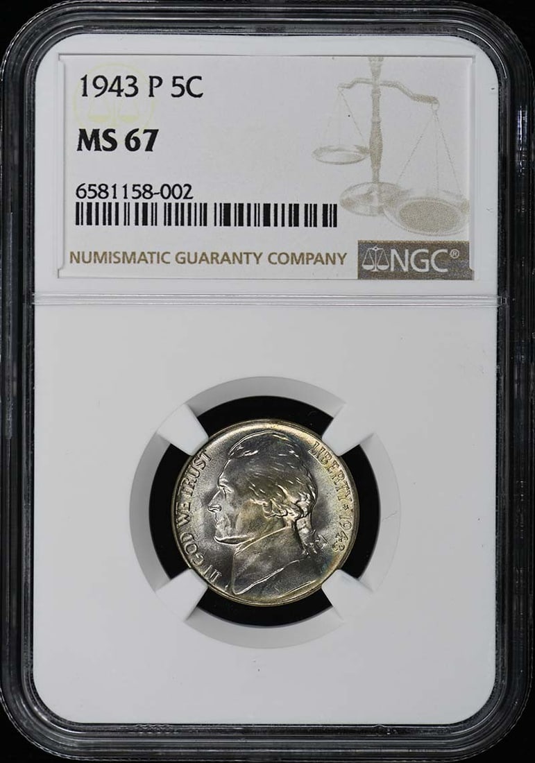 1943 Jefferson Nickel NGC MS67 Uncirculated Philadelphia Mint: 1943 Jefferson Nickel NGC MS67 Uncirculated Philadelphia Mint This 1943 Jefferson Nickel is certified by NGC with a remarkable grade of MS67, indicating its uncirculated condition. Minted in Philadelp