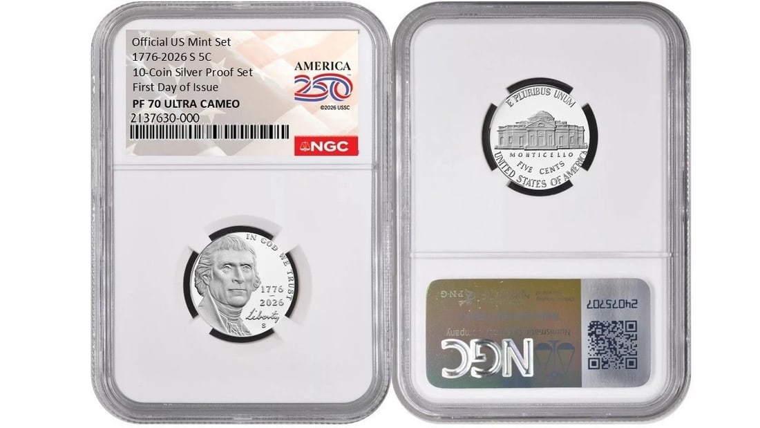 2026-S Jefferson Nickel PF70 First Day Issue 10 Coin Set: 2026-S Jefferson Nickel PF70 First Day Issue 10 Coin Set This is a 2026 Jefferson Nickel 5-cent coin, struck in proof quality and composed of nickel. Graded PF70 by NGC, this coin is part of a First D