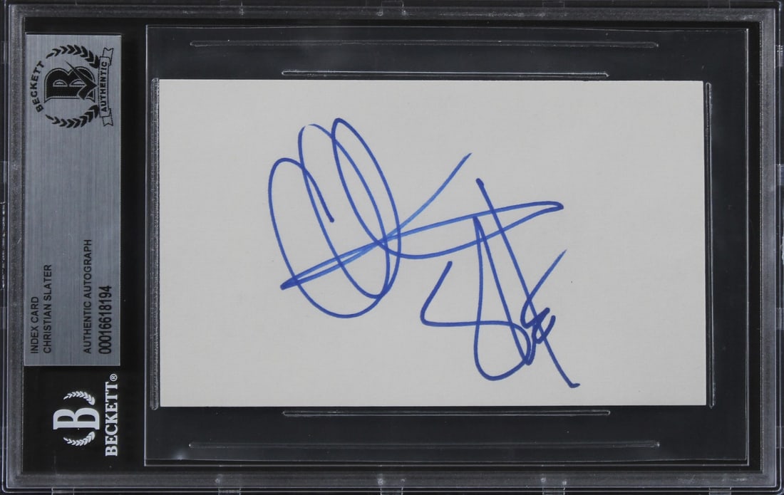 Christian Slater Blue Ink Autograph 3x5 Card Beckett Authenticated Slabbed: Christian Slater Blue Ink Autograph 3x5 Card Beckett Authenticated Slabbed This is an original 3x5 index card personally signed by Christian Slater from Mr. Robot in blue ink. The autograph is authent