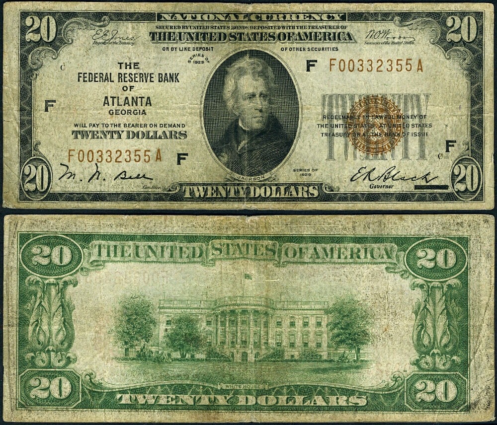 1929 Atlanta $20 Federal Reserve Bank Note FR 1870 F F-A Block Fine: 1929 Atlanta $20 Federal Reserve Bank Note FR 1870 F F-A Block Fine This is a FR. 1870 F $20 Federal Reserve Bank Note from Atlanta, issued in 1929. The note features original paper quality and displa