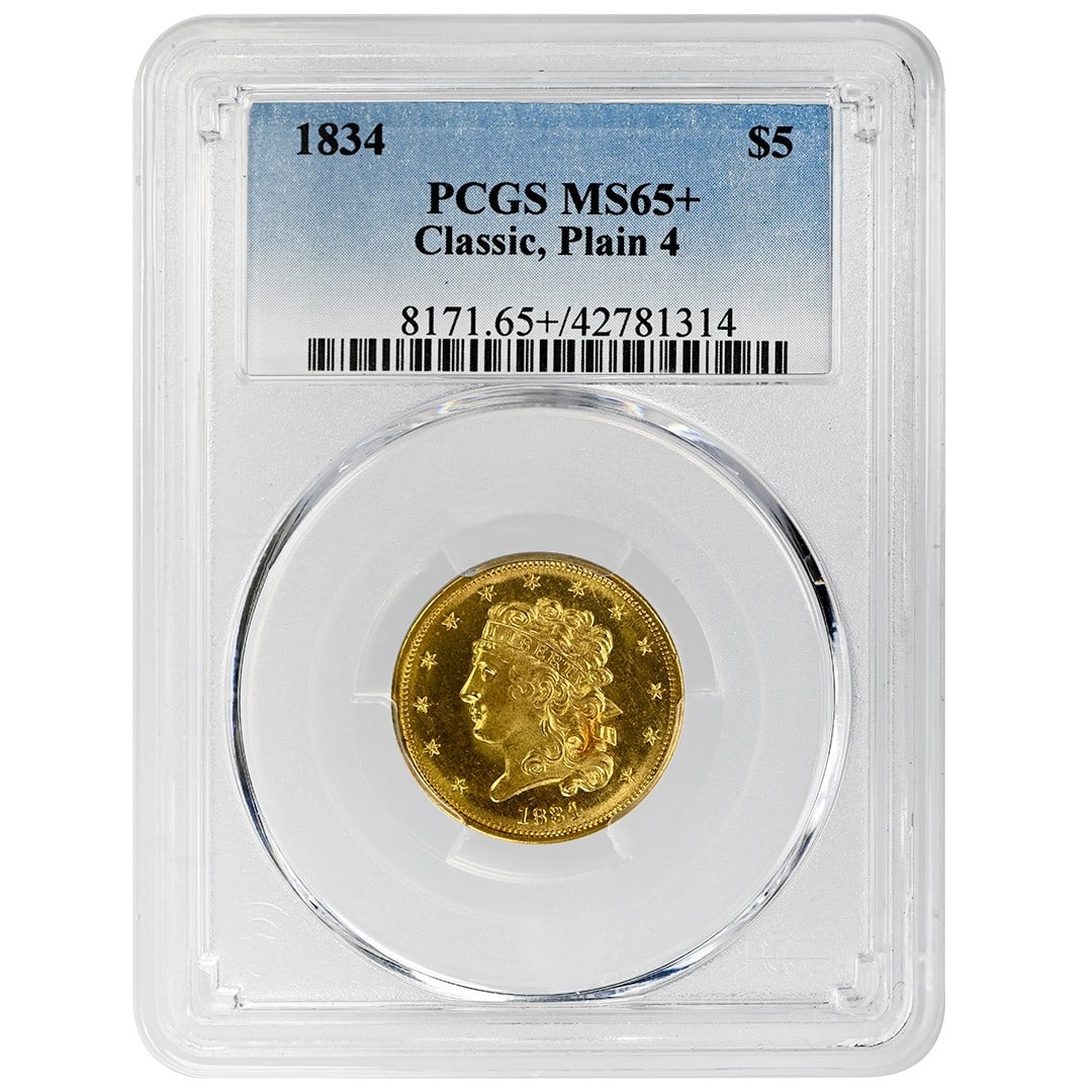 PCGS MS65 Plus 1834 Classic Head $5 Gold Coin Plain 4: PCGS MS65 Plus 1834 Classic Head $5 Gold Coin Plain 4 This 1834 $5 Classic Head gold coin features the Classic, Plain 4 variety and has been graded MS65+ by PCGS, indicating a high-quality uncirculate