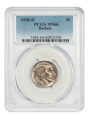 PCGS MS66 1938-D Buffalo Nickel 5C: PCGS MS66 1938-D Buffalo Nickel 5C This 1938-D Buffalo Nickel is a pre-owned coin graded MS66 by PCGS. It features the classic Buffalo Nickel design and originates from the Denver Mint in 1938. Specif